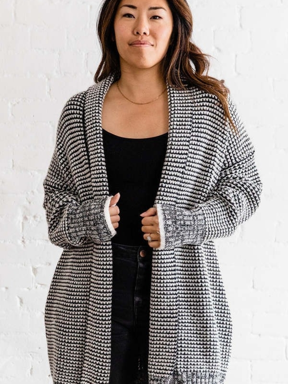 Mazik Open-Front Black and White Knit Cardigan Sweater